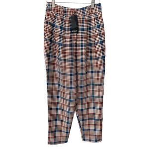 NWT Nasty Gal Women's Check Pleat Front Tapered Trouser Orange Houndstooth Sz 2